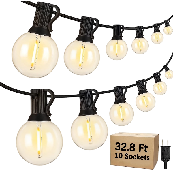Outdoor String Lights - Waterproof Globe Patio Lights 30 Ft with 10 G40 Shatterproof LED Bulbs, Connectable Commercial Hanging Light for Backyard, Bistro, Porch, Cafe, Deck, Garden